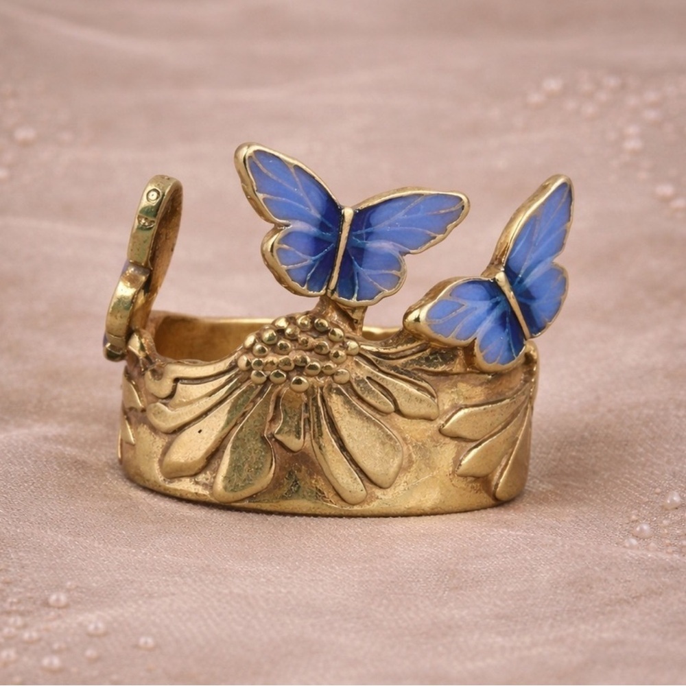 Celestial Antique Blue Butterfly Floral  Ring
